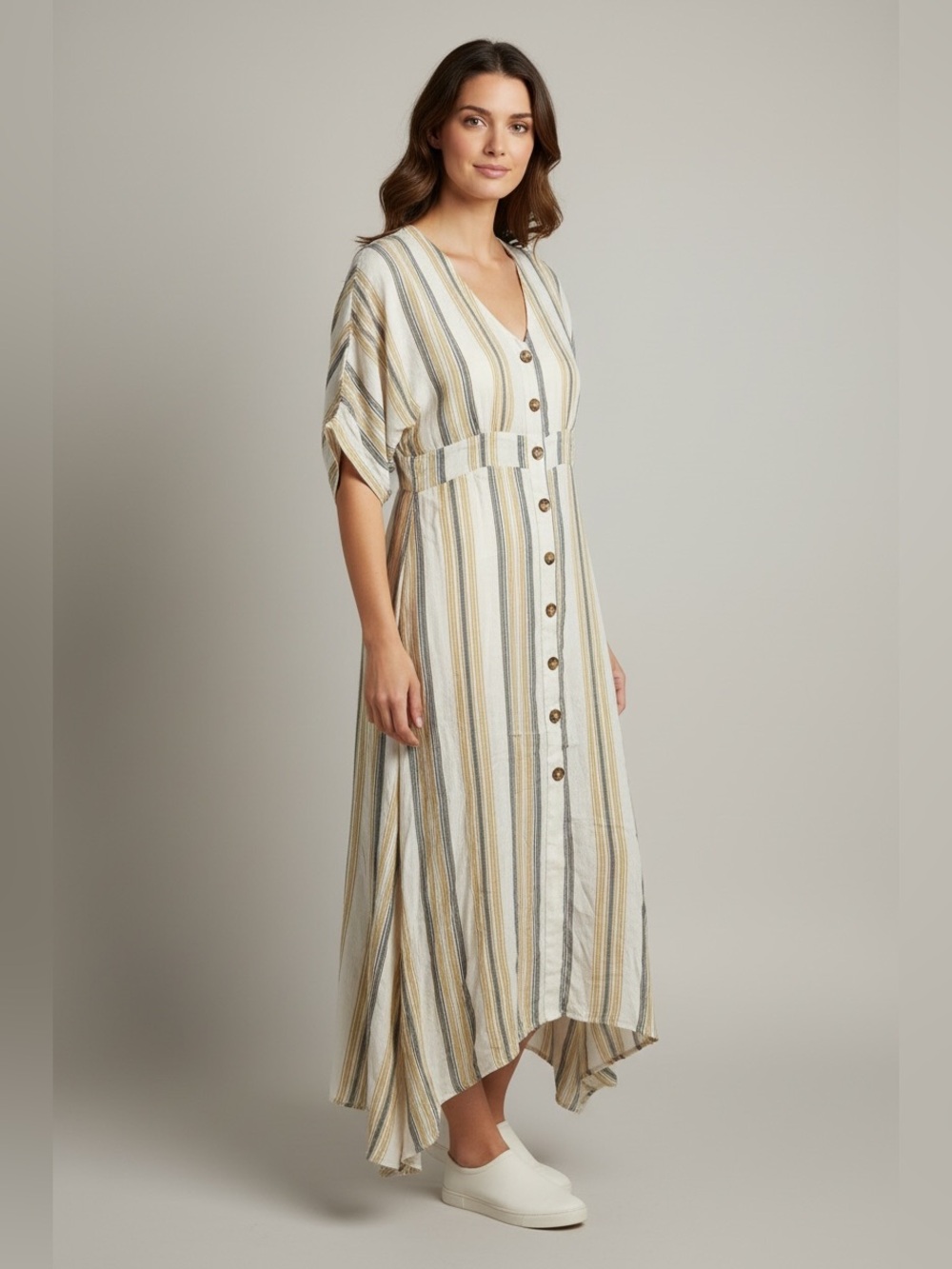 Umgee Striped Button-Down Midi Dress Pastel Earth Tones Boho - Size S
